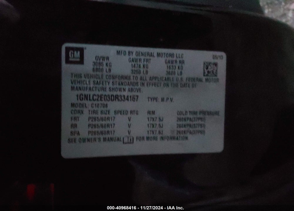 2013 CHEVROLET TAHOE COMMERCIAL FLEET VIN: 1GNLC2E03DR334167