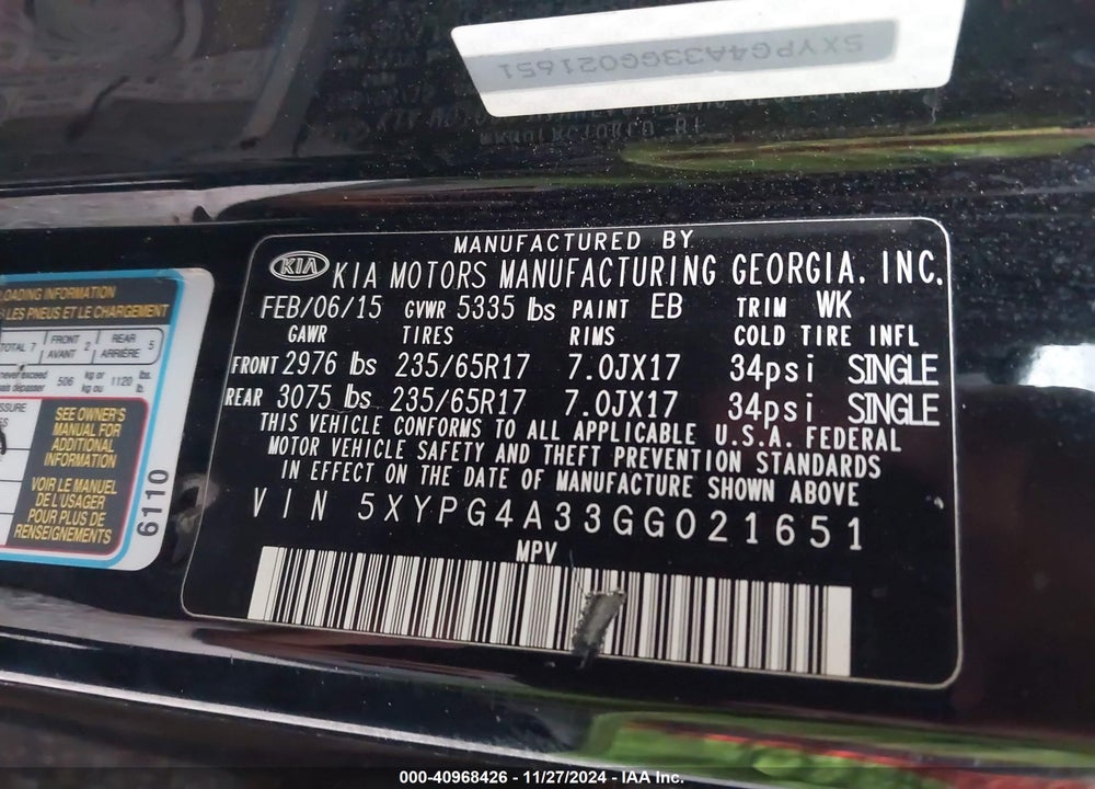 2016 KIA SORENTO 2.4L LX VIN: 5XYPG4A33GG021651