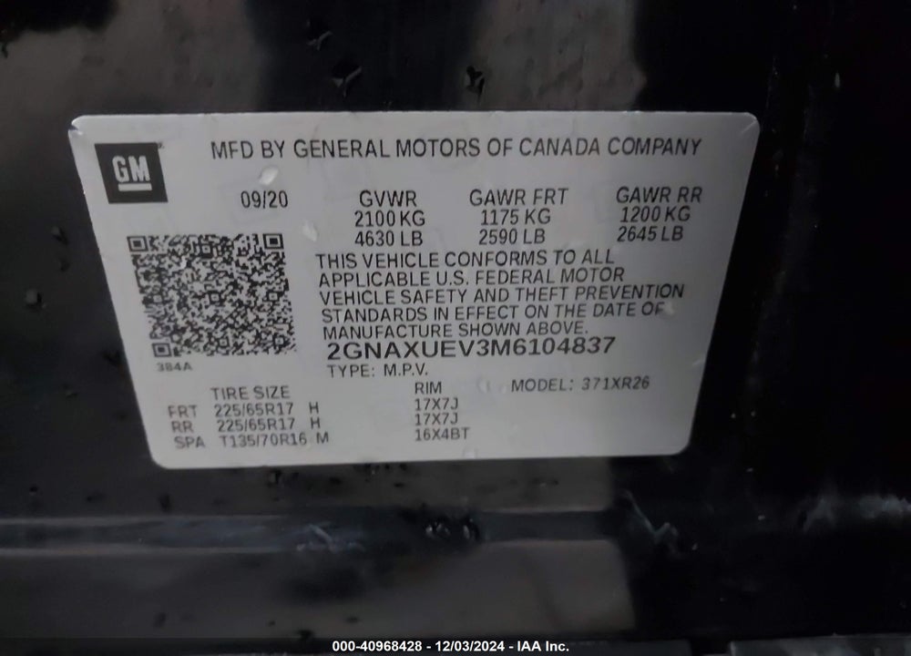 2021 CHEVROLET EQUINOX AWD LT VIN: 2GNAXUEV3M6104837