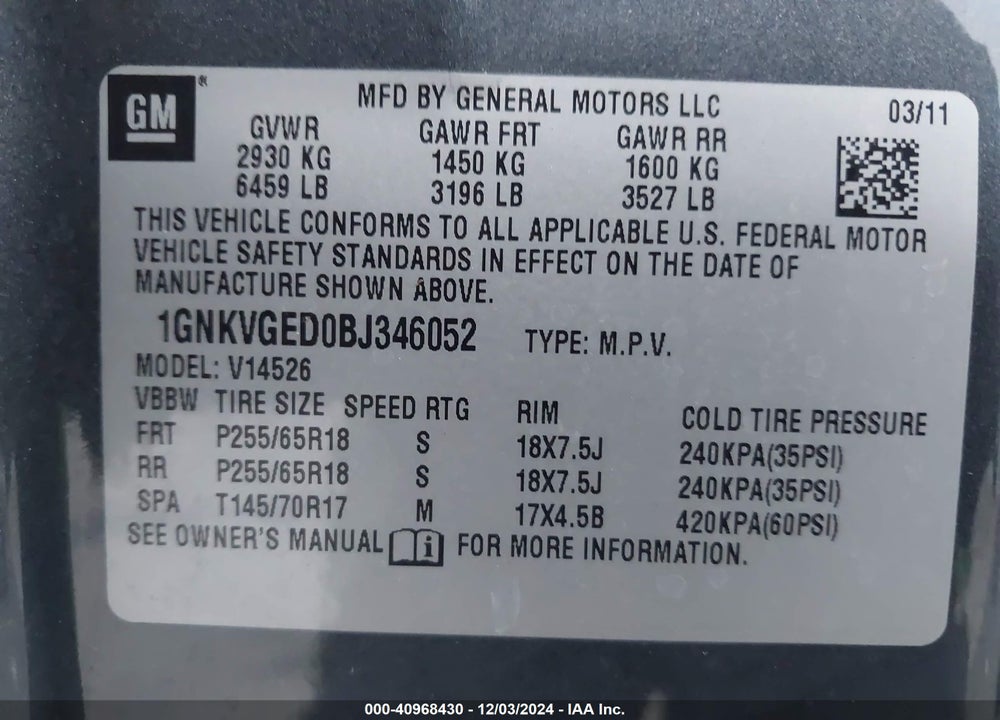 2011 CHEVROLET TRAVERSE 1LT VIN: 1GNKVGED0BJ346052