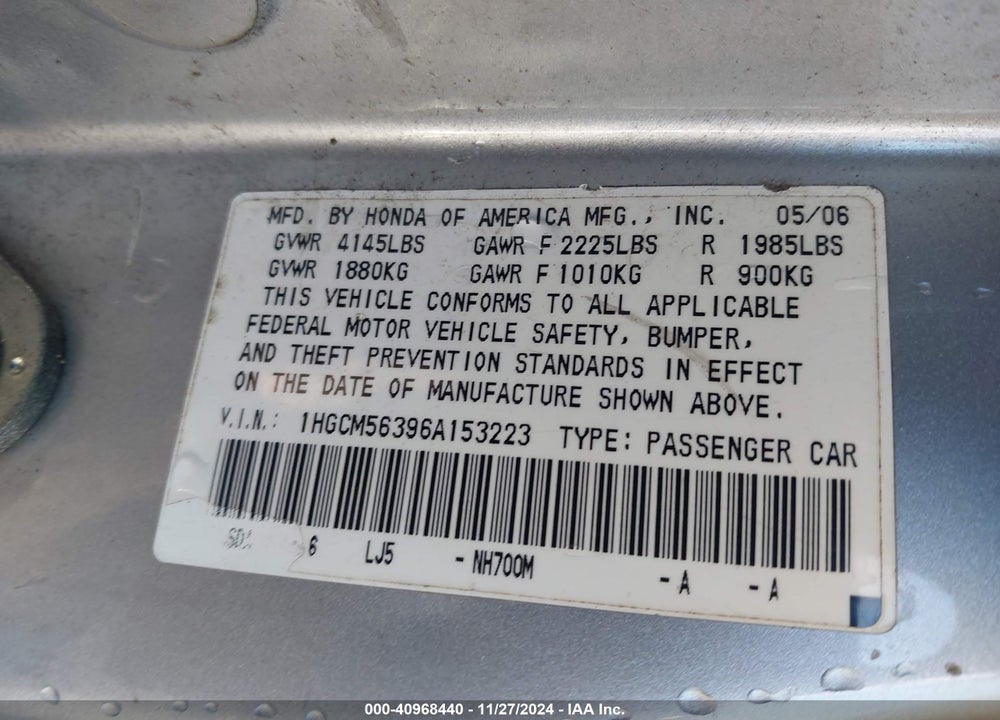 2006 HONDA ACCORD VIN: 1HGCM56396A153223
