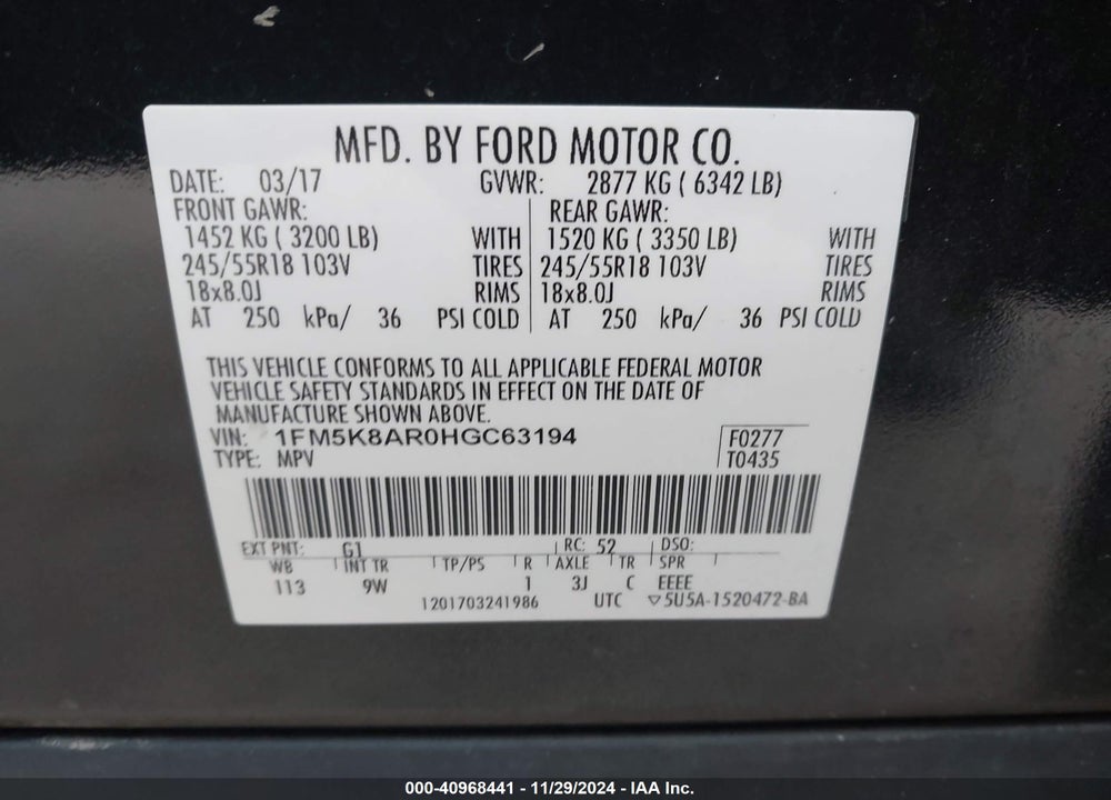 2017 FORD UTILITY POLICE INTERCEPTOR VIN: 1FM5K8AR0HGC63194