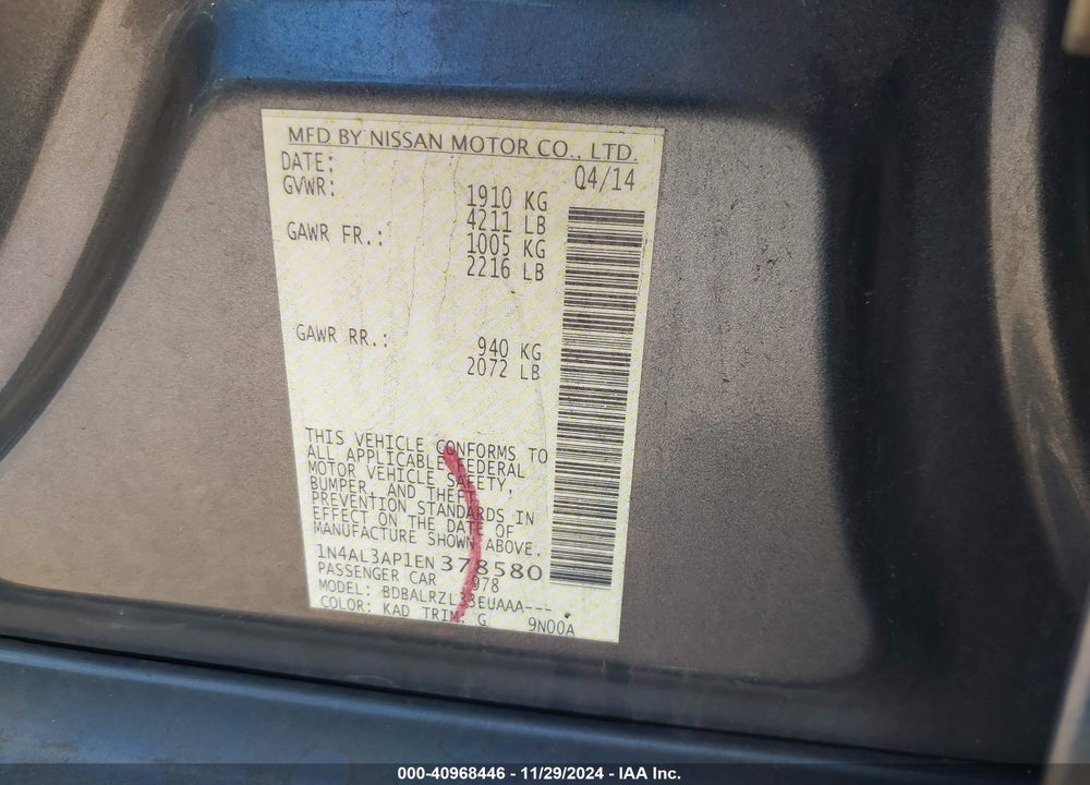 2014 NISSAN ALTIMA 2.5/2.5 S/2.5 SL/2.5 SV VIN: 1N4AL3AP1EN378580