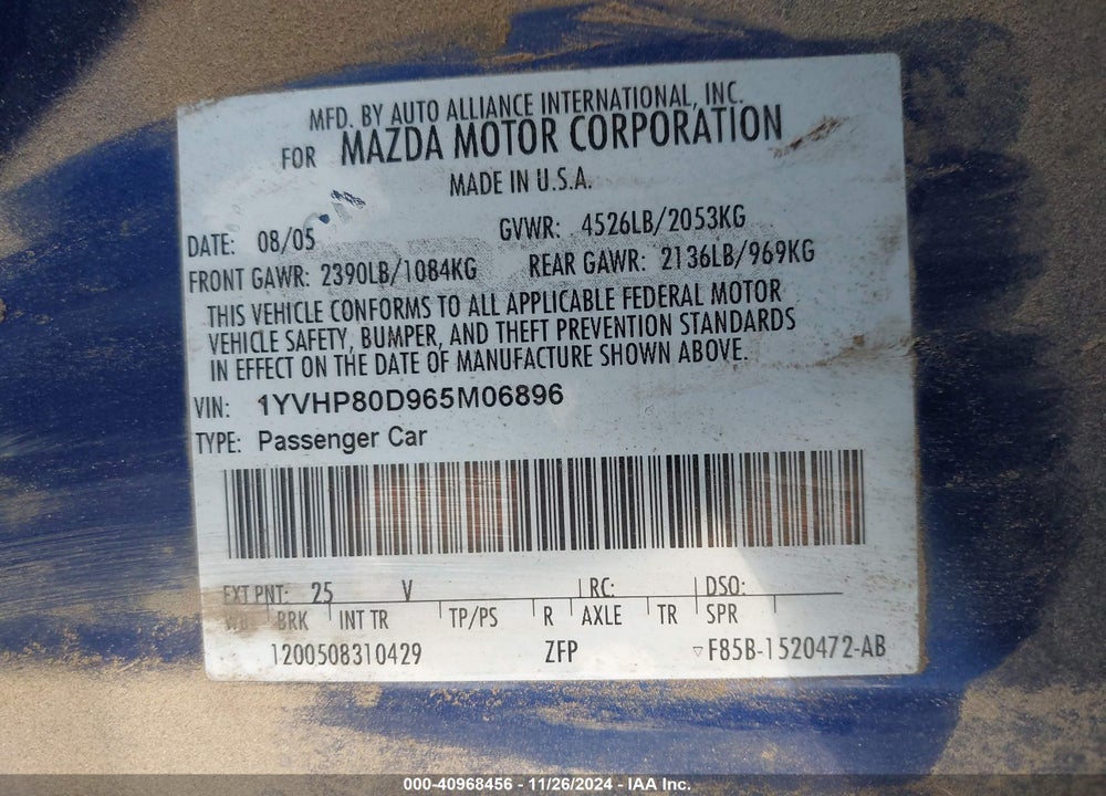 2006 MAZDA 6 I GRAND SPORT VIN: 1YVHP80D965M06896