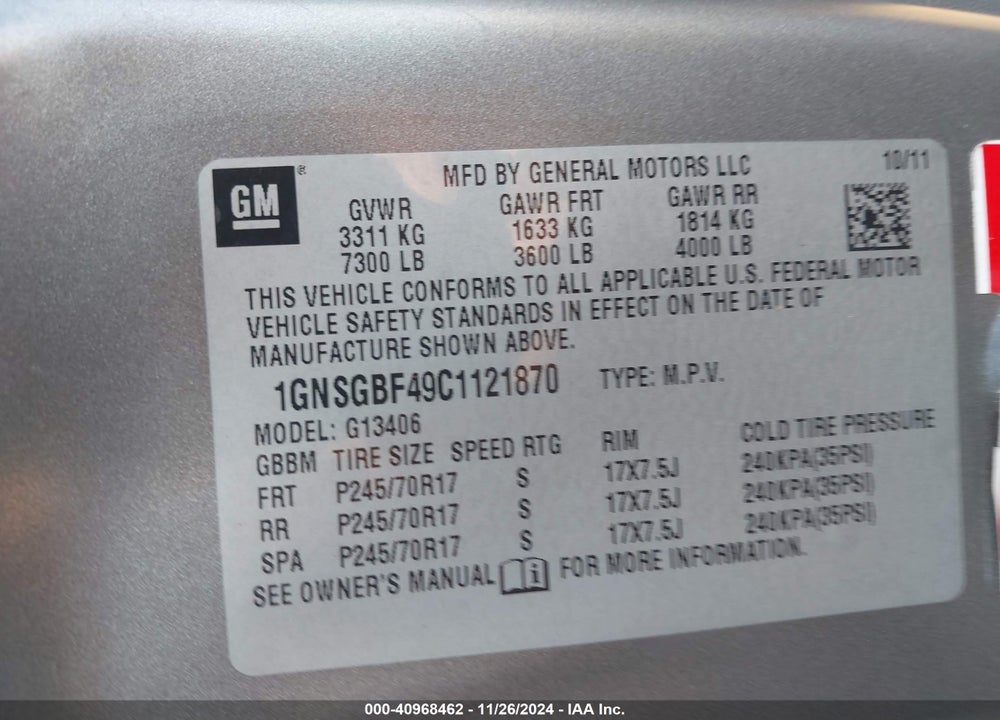 2012 CHEVROLET EXPRESS 1500 LS VIN: 1GNSGBF49C1121870