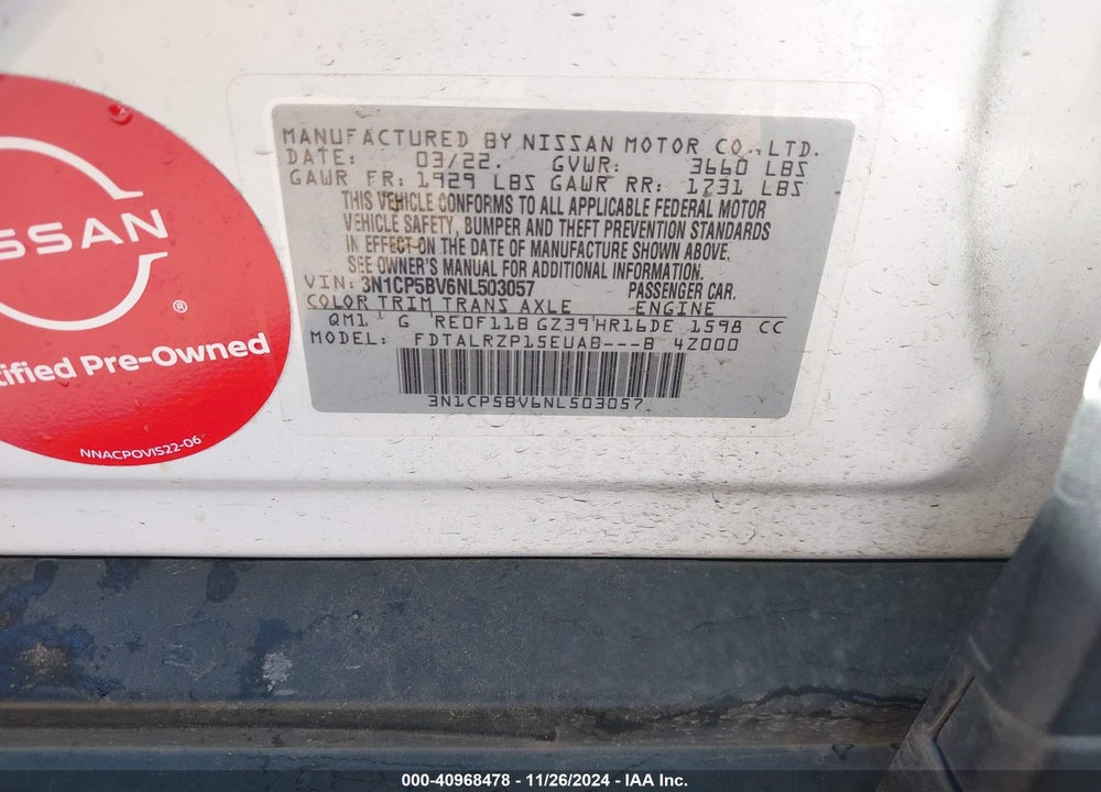 2022 NISSAN KICKS S XTRONIC CVT VIN: 3N1CP5BV6NL503057
