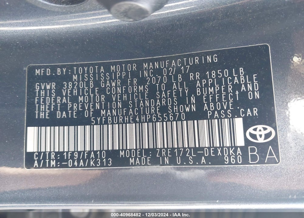 2017 TOYOTA COROLLA L VIN: 5YFBURHE4HP655670