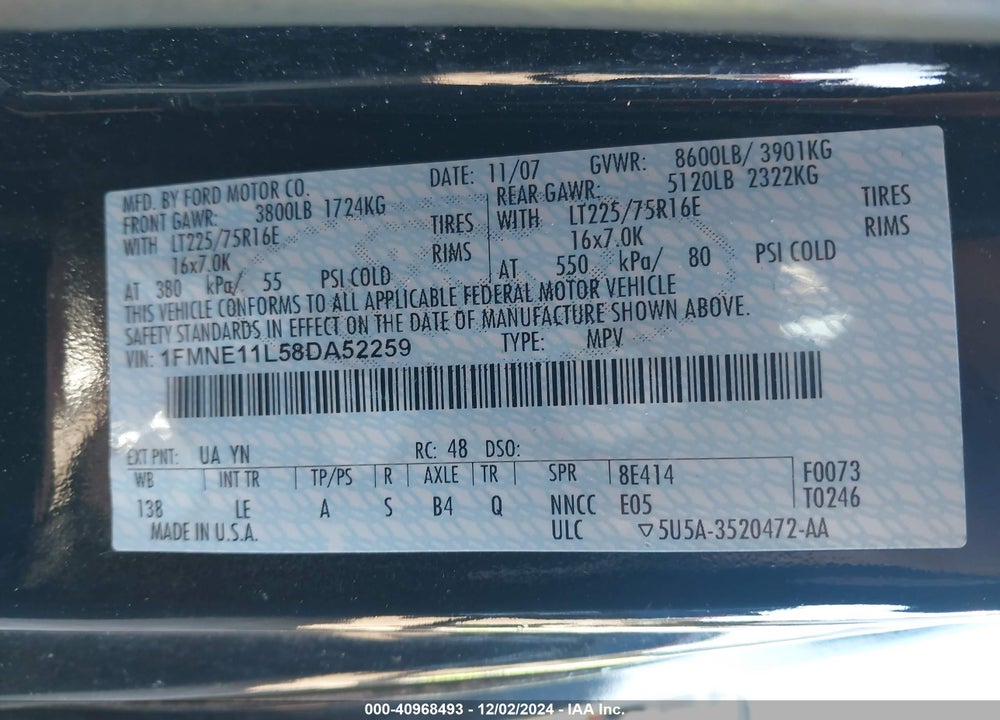 2008 FORD E-150 XL/XLT VIN: 1FMNE11L58DA52259