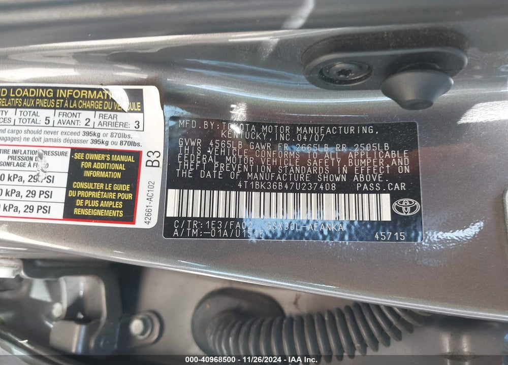 2007 TOYOTA AVALON XL VIN: 4T1BK36B47U237408