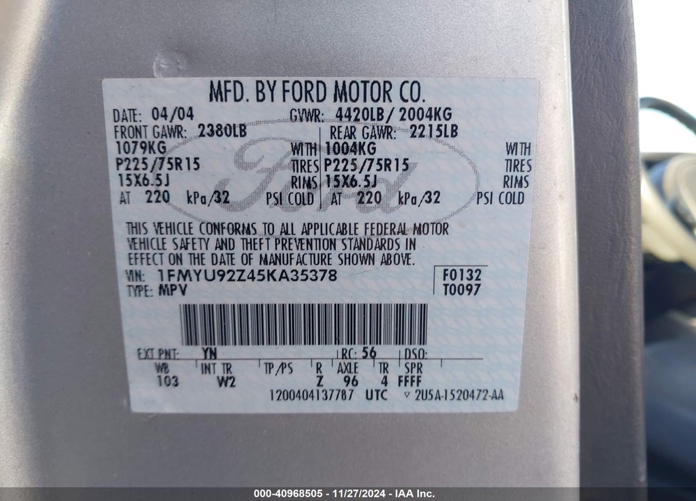 2005 FORD ESCAPE XLS VIN: 1FMYU92Z45KA35378