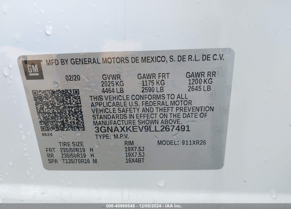 2020 CHEVROLET EQUINOX FWD LT 1.5L TURBO VIN: 3GNAXKEV9LL267491