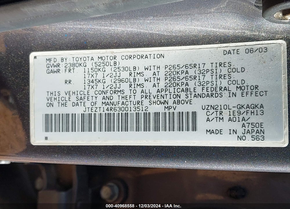 2003 TOYOTA 4RUNNER SR5 SPORT V8 VIN: JTEZT14R630013512