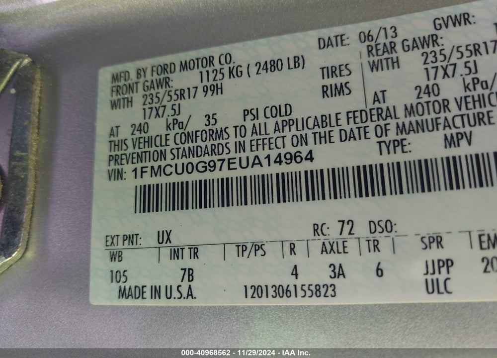 2014 FORD ESCAPE SE VIN: 1FMCU0G97EUA14964