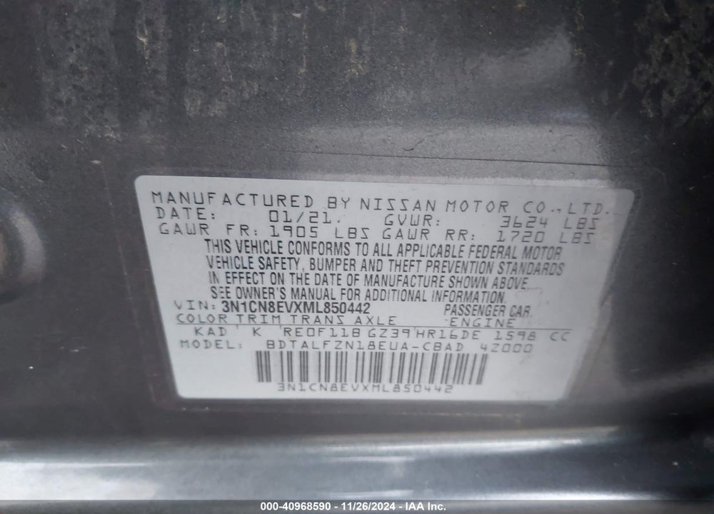 2021 NISSAN VERSA VIN: 3N1CN8EVXML850442