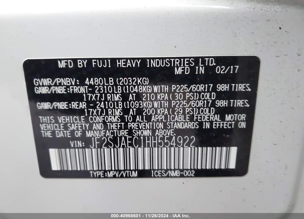 2017 SUBARU FORESTER 2.5I PREMIUM VIN: JF2SJAEC1HH554922