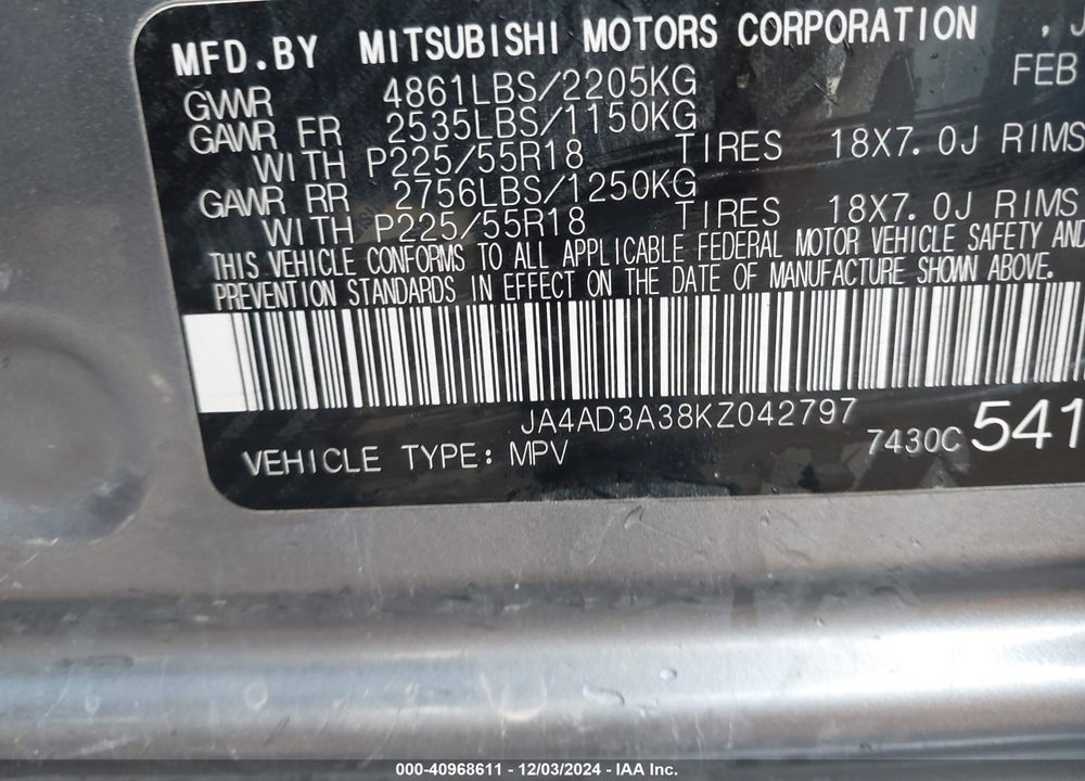 2019 MITSUBISHI OUTLANDER SE VIN: JA4AD3A38KZ042797