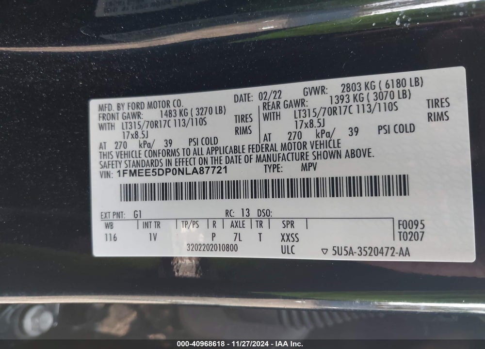 2022 FORD BRONCO BADLANDS VIN: 1FMEE5DP0NLA87721