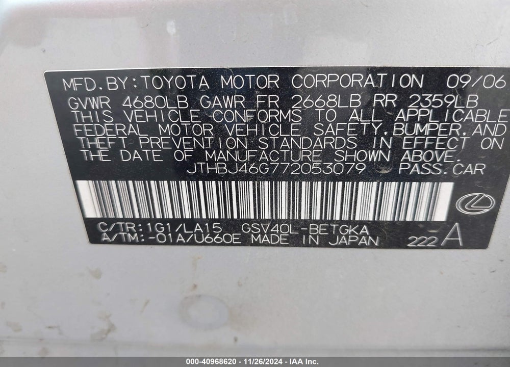 2007 LEXUS ES 350 VIN: JTHBJ46G772053079