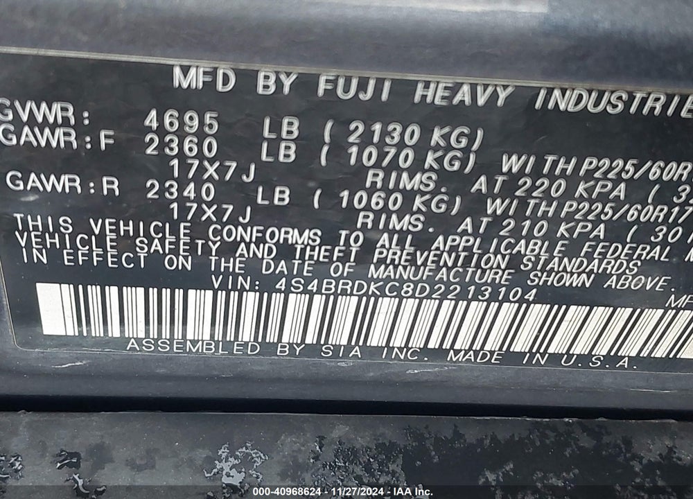 2013 SUBARU OUTBACK 3.6R LIMITED VIN: 4S4BRDKC8D2213104