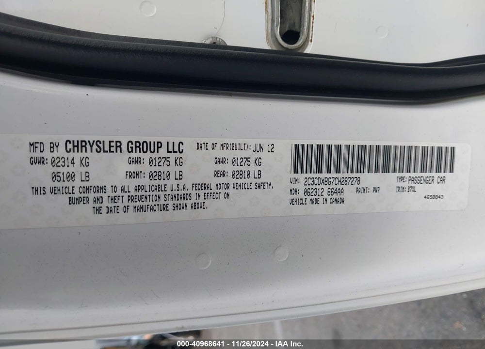 2012 DODGE CHARGER SE VIN: 2C3CDXBG7CH287278