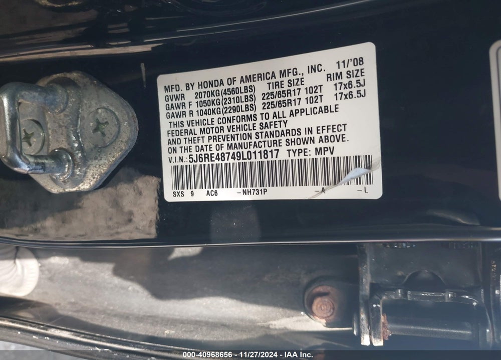 2009 HONDA CR-V EX-L VIN: 5J6RE48749L011817