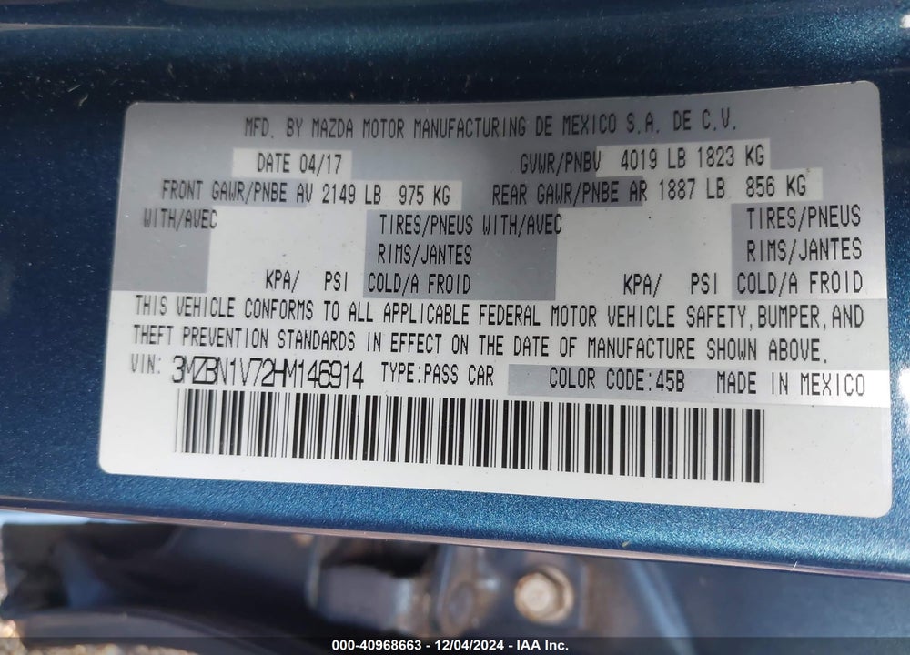 2017 MAZDA 3 TOURING VIN: 3MZBN1V72HM146914