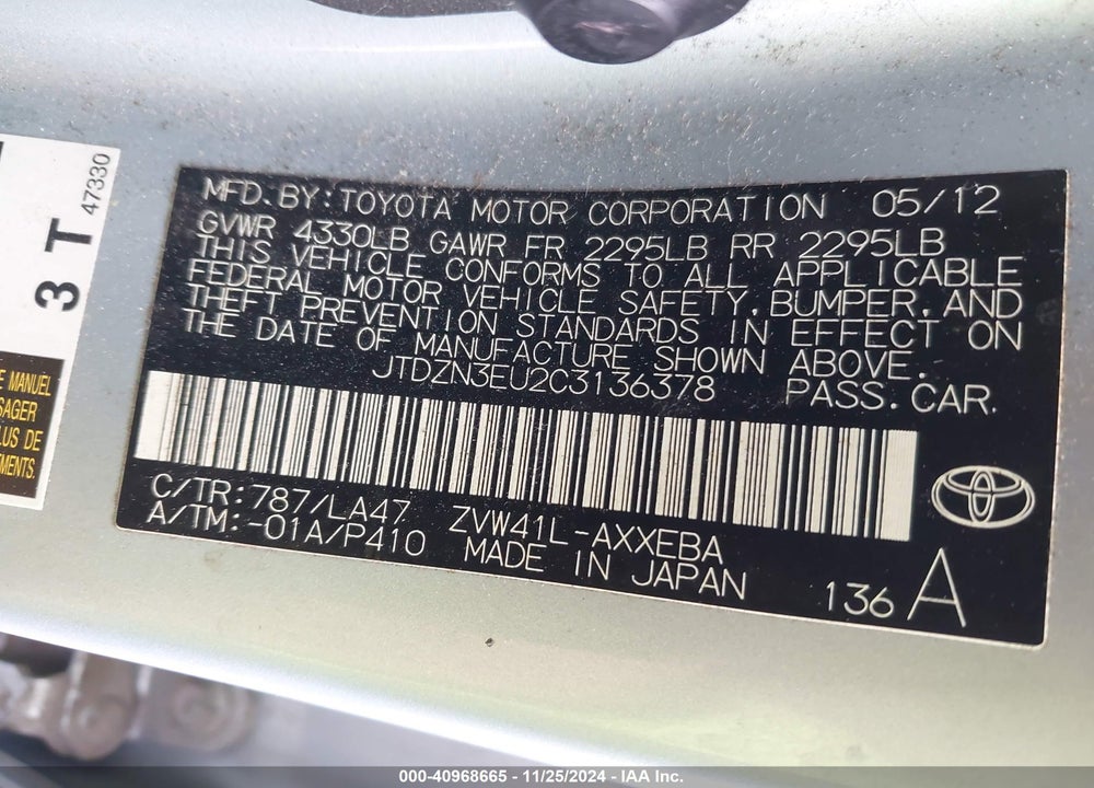 2012 TOYOTA PRIUS V FIVE VIN: JTDZN3EU2C3136378