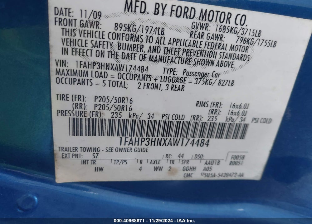 2010 FORD FOCUS SEL VIN: 1FAHP3HNXAW174484
