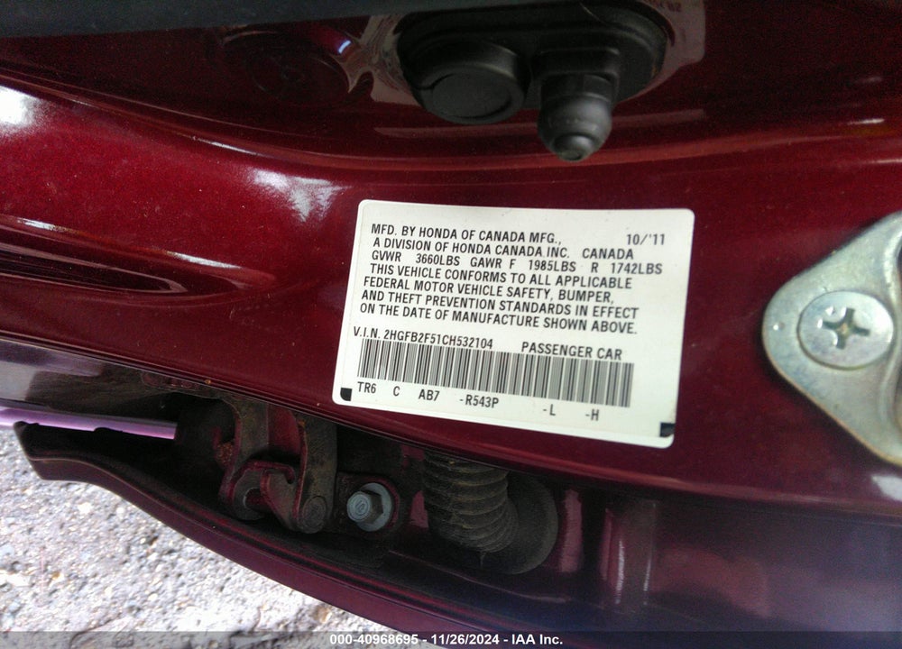 2012 HONDA CIVIC LX VIN: 2HGFB2F51CH532104