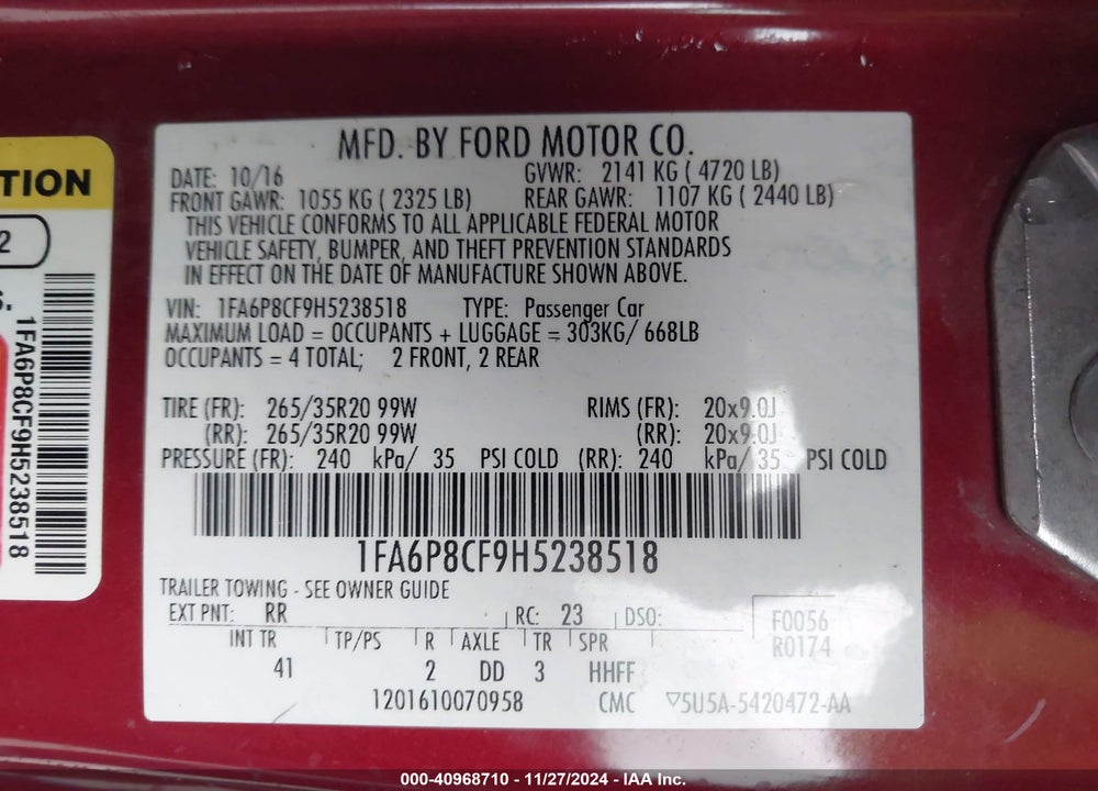 2017 FORD MUSTANG VIN: 1FA6P8CF9H5238518
