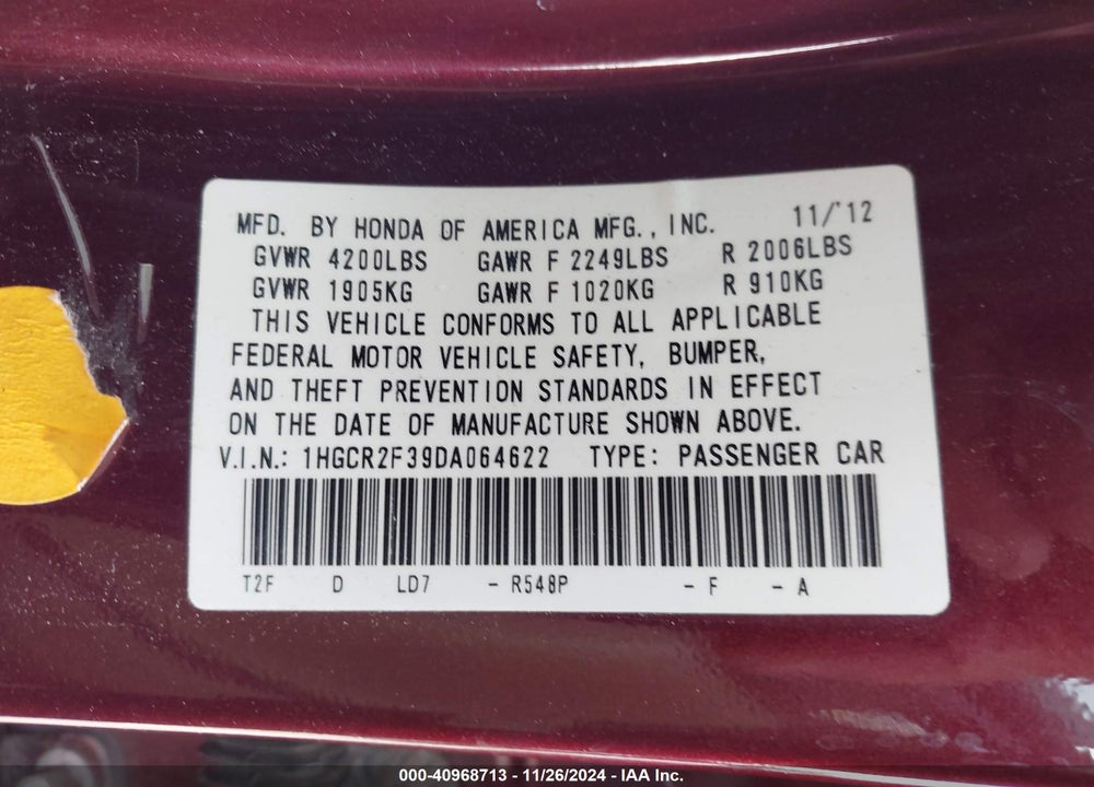 2013 HONDA ACCORD LX VIN: 1HGCR2F39DA064622