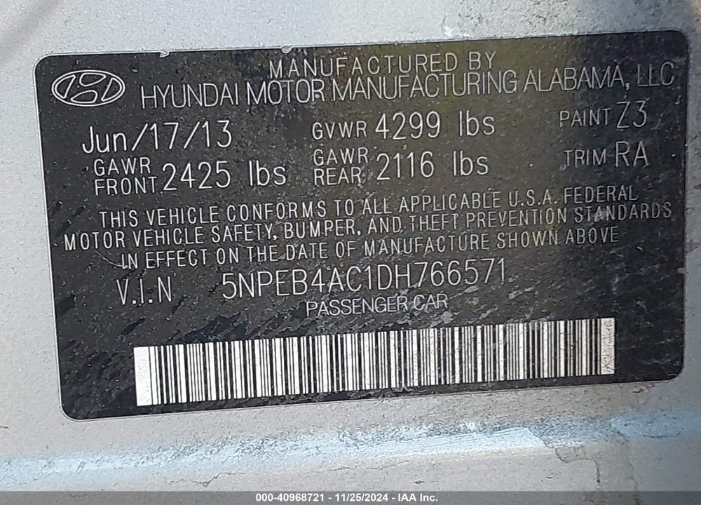 2013 HYUNDAI SONATA GLS VIN: 5NPEB4AC1DH766571