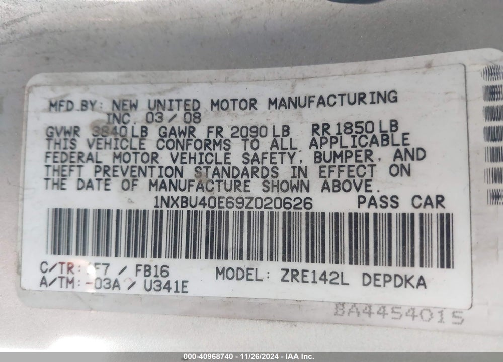 2009 TOYOTA COROLLA LE VIN: 1NXBU40E69Z020626