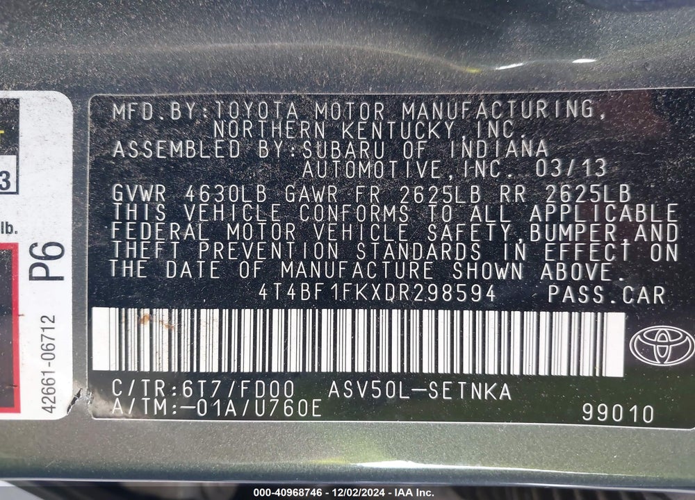 2013 TOYOTA CAMRY LE VIN: 4T4BF1FKXDR298594