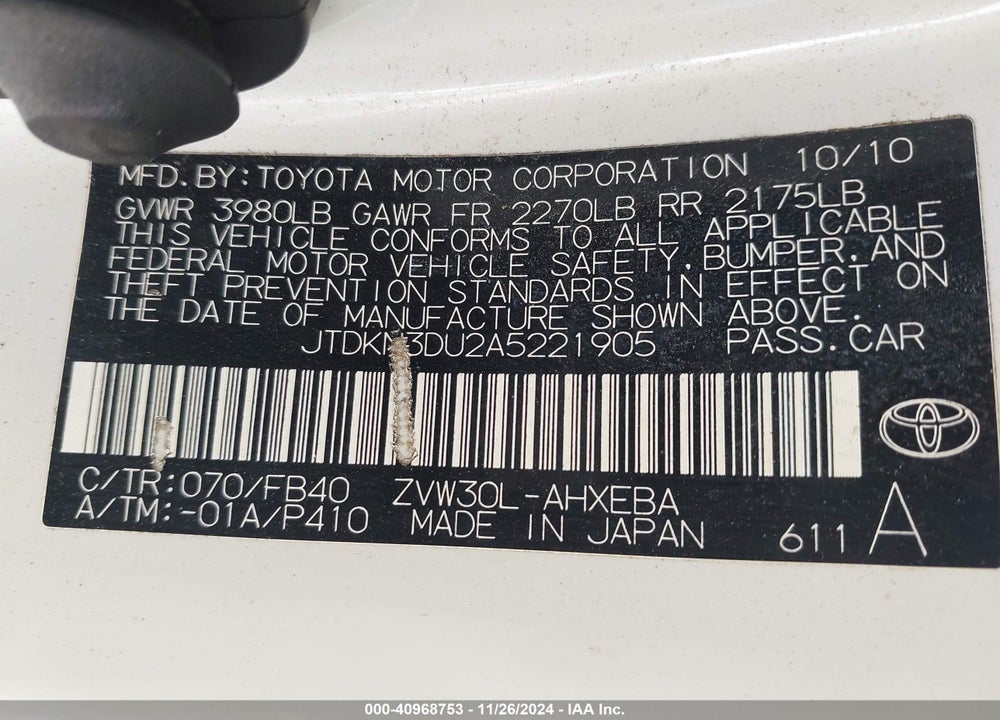 2010 TOYOTA PRIUS III VIN: JTDKN3DU2A5221905
