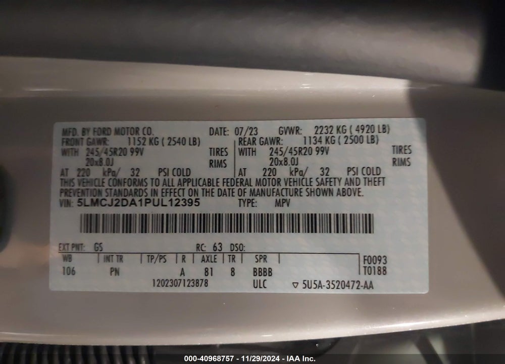 2023 LINCOLN CORSAIR RESERVE VIN: 5LMCJ2DA1PUL12395
