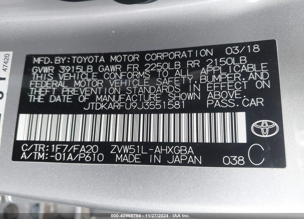 2018 TOYOTA PRIUS THREE VIN: JTDKARFU9J3551581