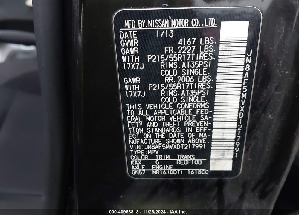 2013 NISSAN JUKE SV VIN: JN8AF5MVXDT217991
