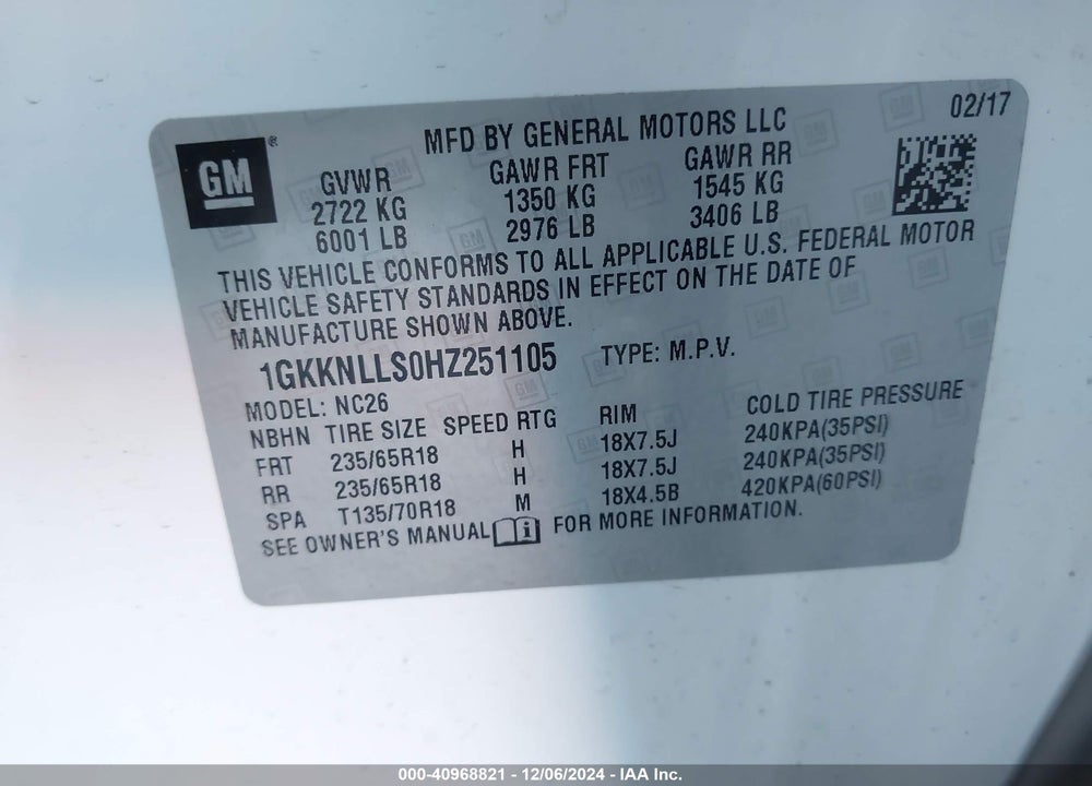 2017 GMC ACADIA SLE-2 VIN: 1GKKNLLS0HZ251105