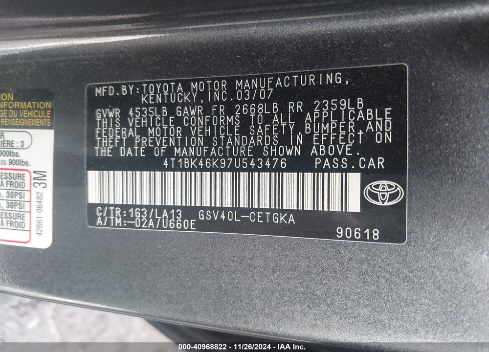 2007 TOYOTA CAMRY XLE V6 VIN: 4T1BK46K97U543476