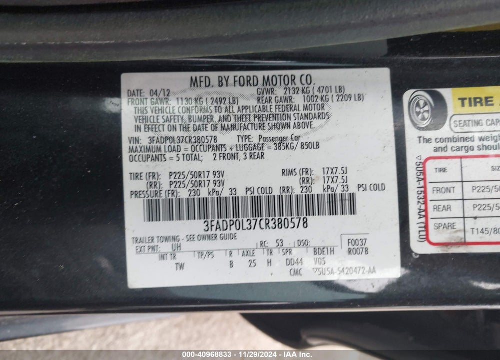 2012 FORD FUSION HYBRID VIN: 3FADP0L37CR380578