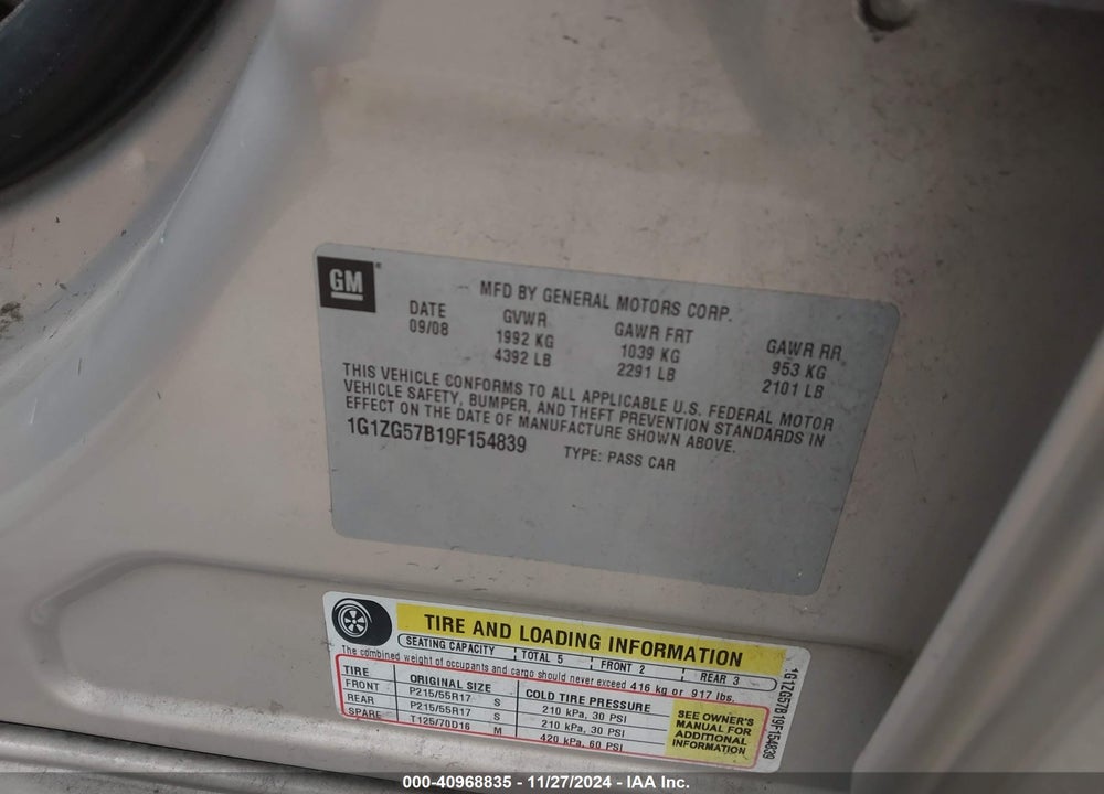 2009 CHEVROLET MALIBU LS VIN: 1G1ZG57B19F154839