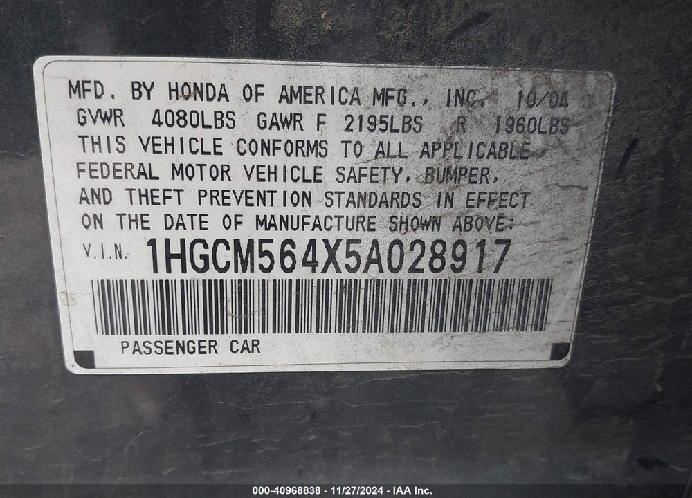 2005 HONDA ACCORD 2.4 LX VIN: 1HGCM564X5A028917