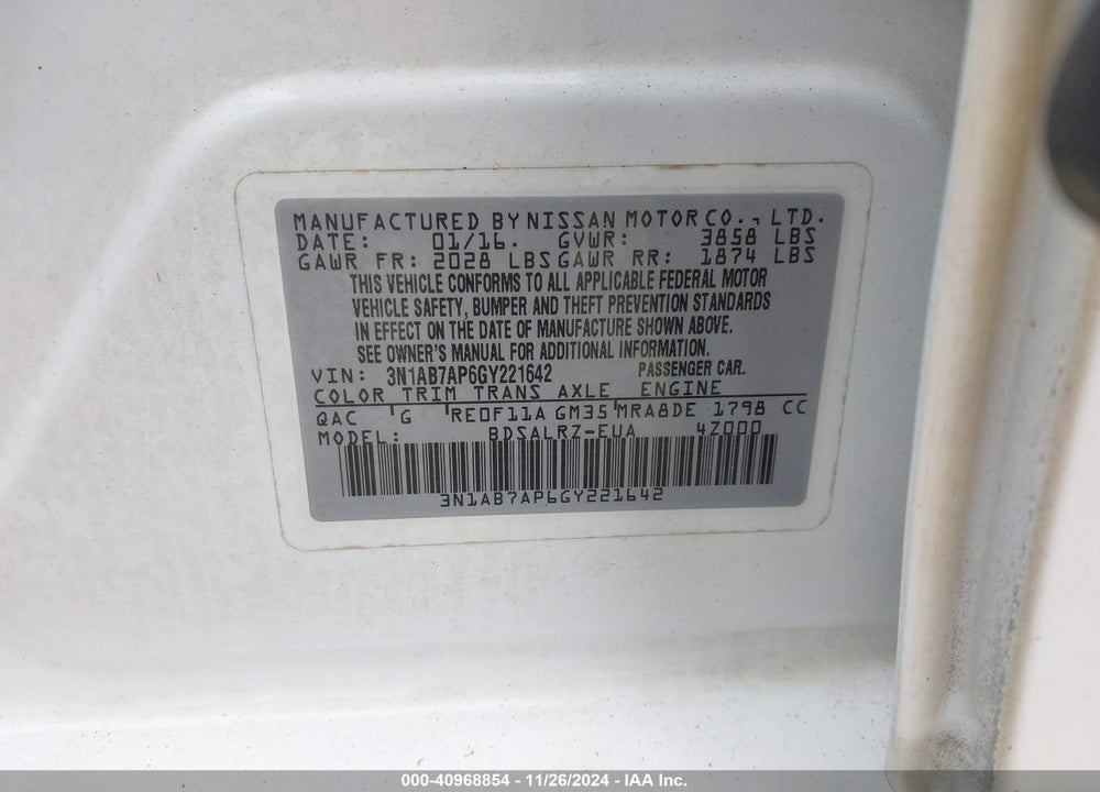 2016 NISSAN SENTRA SR VIN: 3N1AB7AP6GY221642