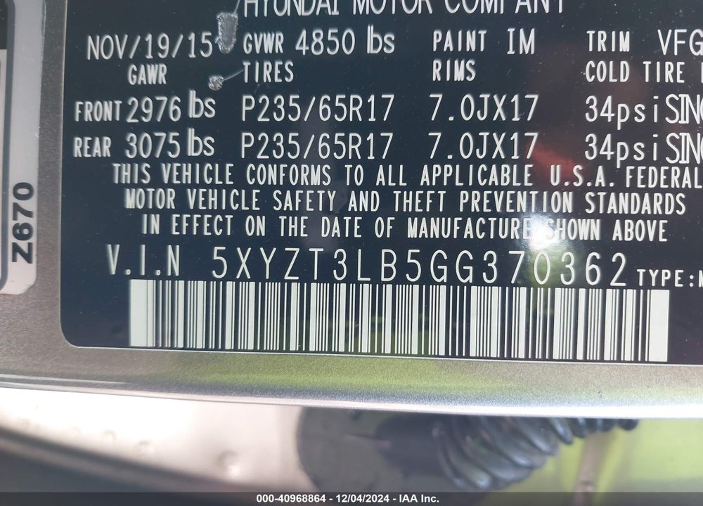 2016 HYUNDAI SANTA FE SPORT 2.4L VIN: 5XYZT3LB5GG370362