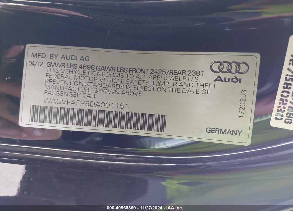 2013 AUDI A5 VIN: WAUVFAFR6DA001151