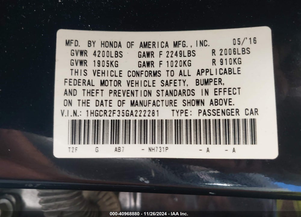 2016 HONDA ACCORD LX VIN: 1HGCR2F35GA222281