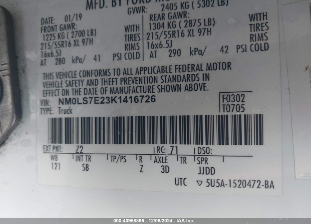 2019 FORD TRANSIT CONNECT XL VIN: NM0LS7E23K1416726