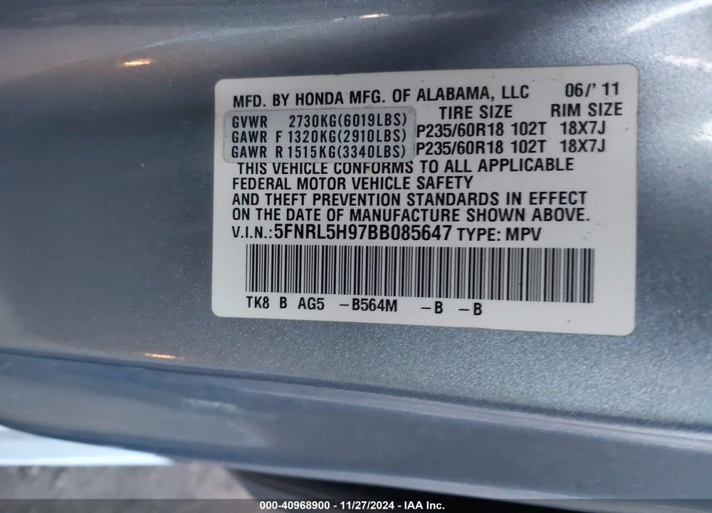 2011 HONDA ODYSSEY TOURING/TOURING ELITE VIN: 5FNRL5H97BB085647
