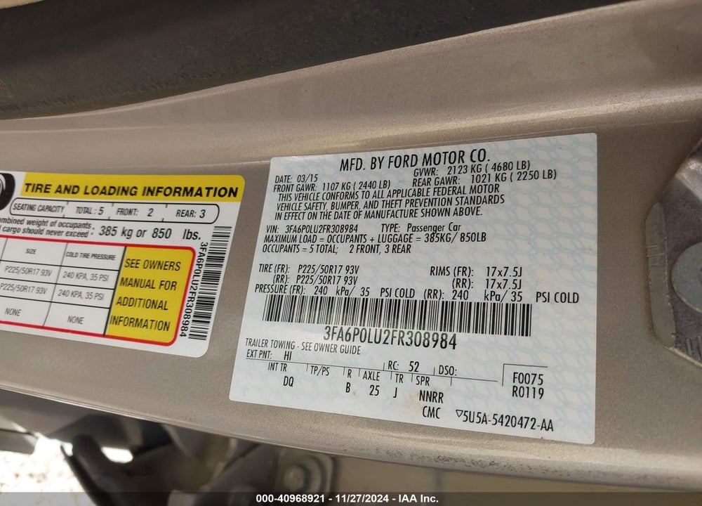 2015 FORD FUSION HYBRID SE VIN: 3FA6P0LU2FR308984